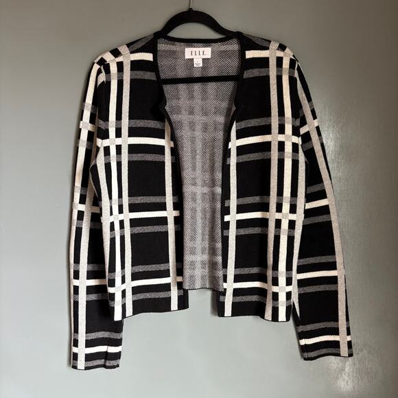 Elle Sweaters - ELLE Women's Large B&W Plaid Tight Knit Open Front Cardigan Classic Career